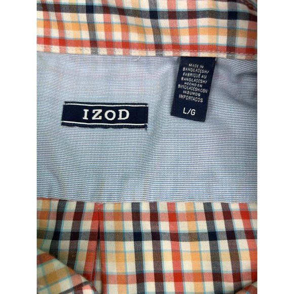 Izod Shirt Mens Large Button Up Plaid Orange Red Blue Short Sleeve Pocket - Picture 3 of 7